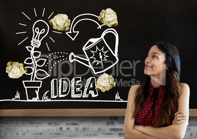 Woman standing next to light bulb and ideas drawings garden with crumpled paper balls  in front of b