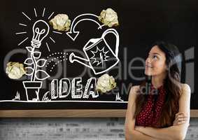 Woman standing next to light bulb and ideas drawings garden with crumpled paper balls  in front of b