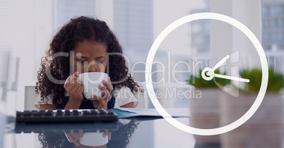 Clock icon against office kid girl drinking coffee background
