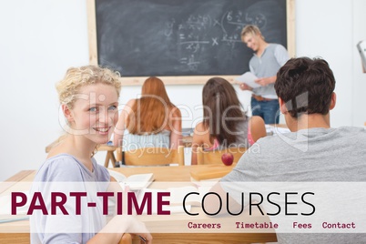 Education and part-time courses text and people sitting at a class