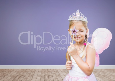 Princess girl in blank room with purple background
