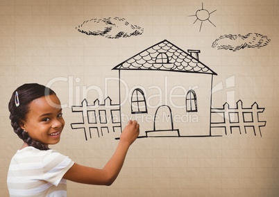 Girl drawing house graphics  in front of brown blank background
