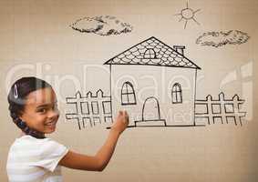 Girl drawing house graphics  in front of brown blank background