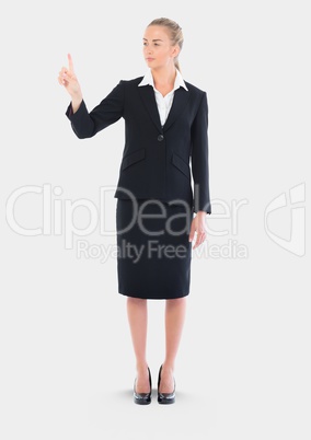 Full body portrait of woman touching air and standing with grey background