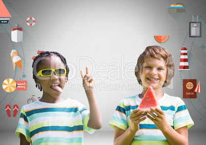 Boys with watermelon and sunglasses in front of grey background and holiday graphics