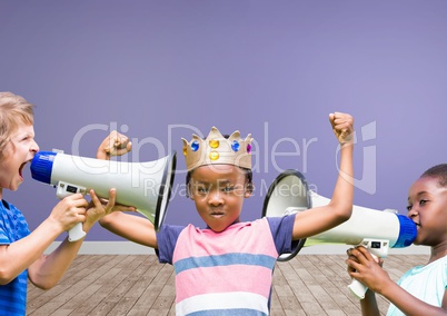 kids with crown with megaphones in blank room background