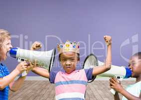 kids with crown with megaphones in blank room background
