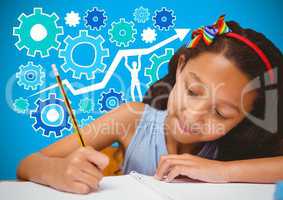 Girl writing in front of blue blank background with settings cog icons graphics