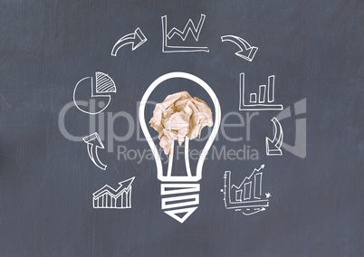 light bulb with crumpled paper ball and business graphics  in front of blackboard