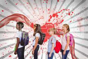 Kids standing against white and red splattered background