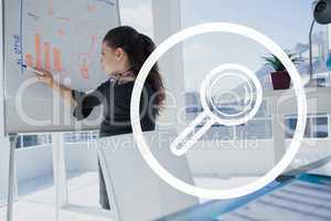 Magnifying glasses icon against office kid girl writing background