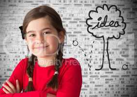 Girl in front of brick wall with idea tree graphics