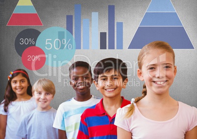 kids standing under statistic charts with blank grey background