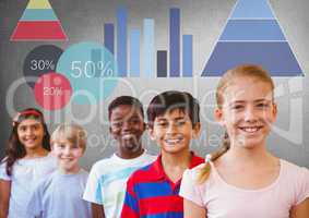 kids standing under statistic charts with blank grey background