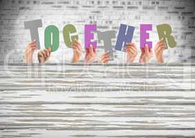 together text letter cut out in front of brick wall