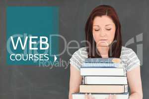 Education and web courses text and woman holding books
