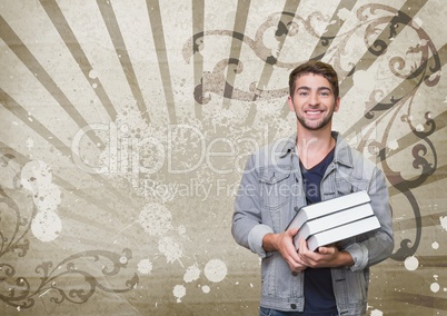 Happy young student man holding books against brown and white splattered background