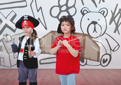 Pirate girl and pilot boy in room with kids drawing graphics