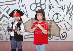Pirate girl and pilot boy in room with kids drawing graphics