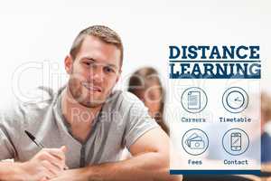 Education and distance learning text and icons and man sitting