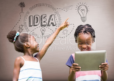 kids on tablet with blank brown background and idea graphics