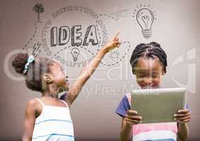 kids on tablet with blank brown background and idea graphics