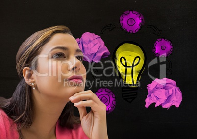 Woman thinking next to light bulb with crumpled paper balls