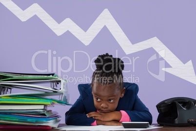 Sad office kid girl resting on the table against purple background with an arrow