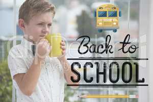 Back to school illustration against office kid boy drinking a cup of coffee background