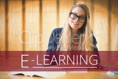 Education and e-learning text and woman sitting at a library