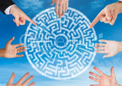 Hands in circle around cryptic maze circle in sky