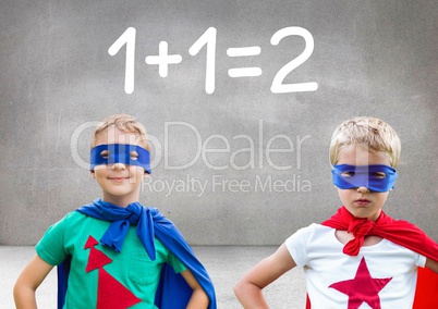 Superhero kids with blank grey background with 1 + 1 = 2 text