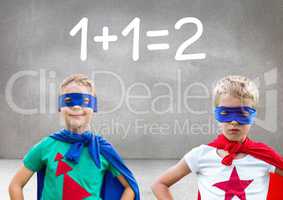 Superhero kids with blank grey background with 1 + 1 = 2 text