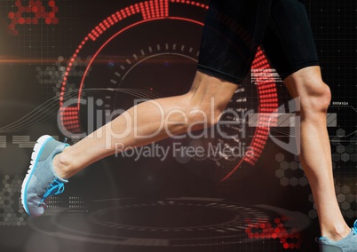 Athletic legs running with technology user interface background