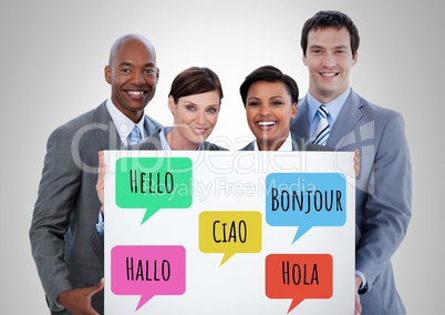 Hello in different languages chat bubbles learning with business people