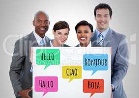 Hello in different languages chat bubbles learning with business people