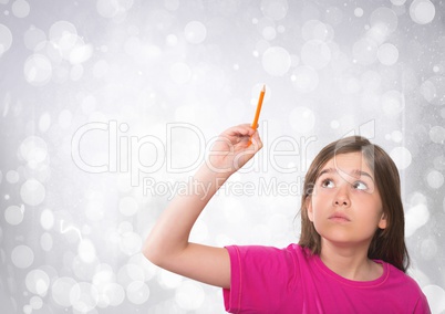 Girl touching the air with sparkling lights bokeh background