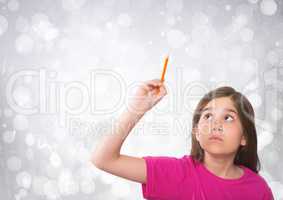 Girl touching the air with sparkling lights bokeh background