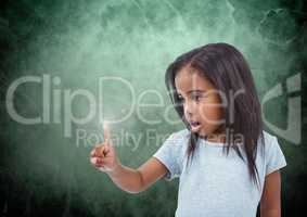 Girl touching flare glow with green background