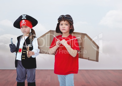 Pirate girl and pilot boy in room
