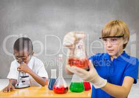 Science kids with blank grey background