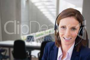 Customer care representative woman against office background