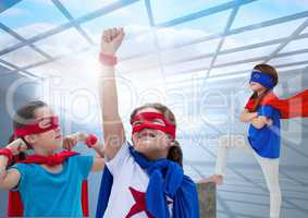 Superhero kids with windows background