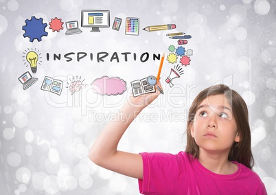 Girl touching Inspiration graphics with sparkling lights bokeh background