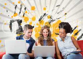 Young students looking at a computer against grey, yellow and black splattered background