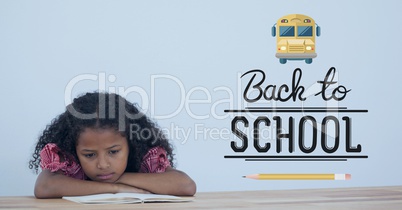 Back to school illustration against sad office kid girl reading