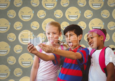 Kids taking selfie in blank room with smiley faces laughing