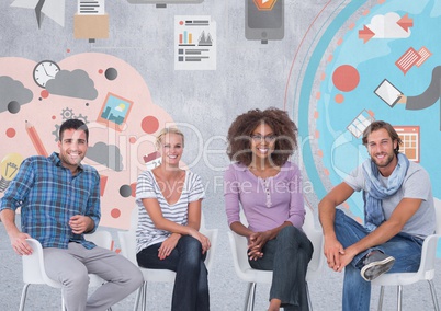 Group of people sitting in front of business colorful graphics