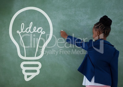 Office kid girl writing on a green wall with a bulb icon