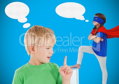 Boy and superhero girl with blue background and speech bubbles